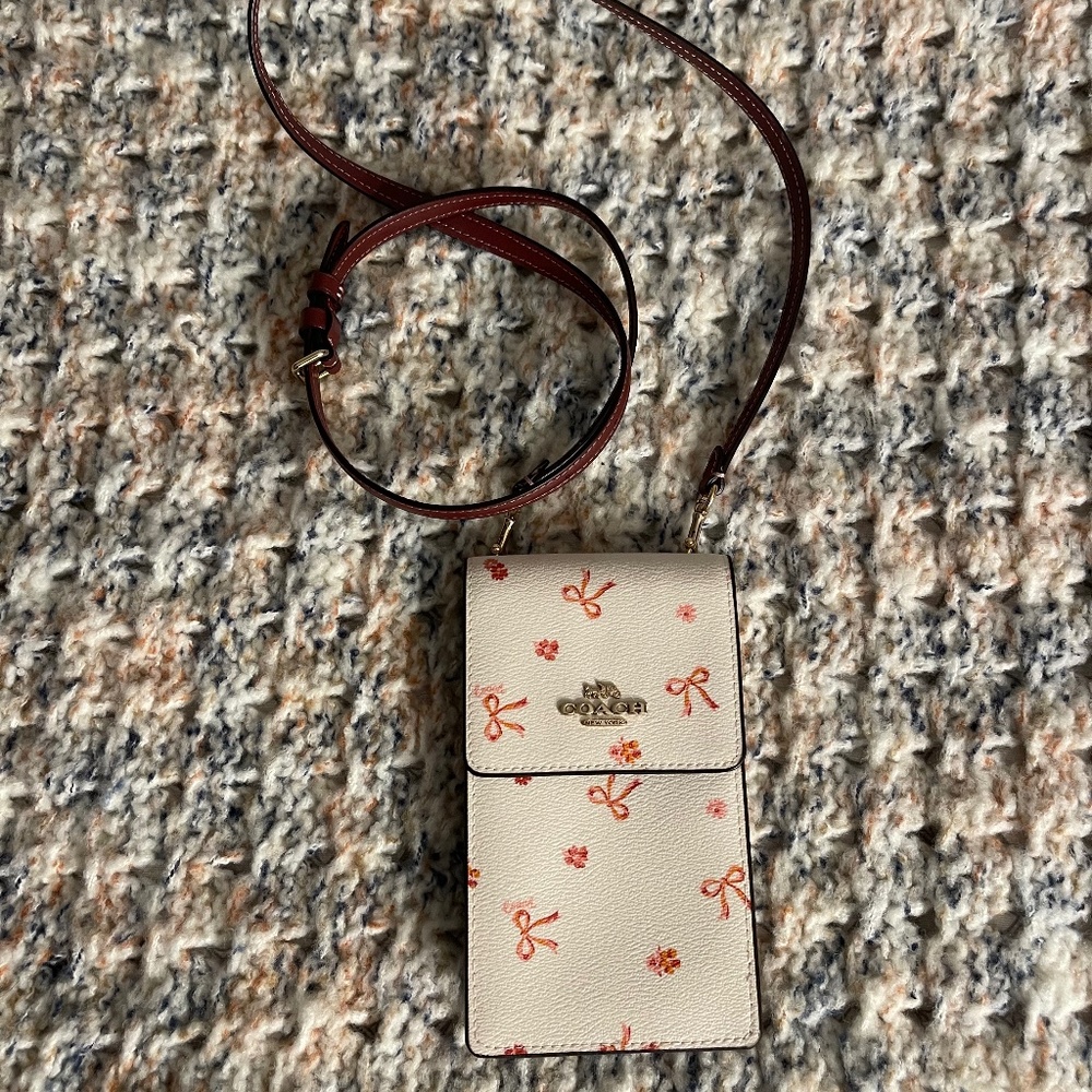 Coach White Floral Bow Crossbody Phone Wallet with Brown Strap